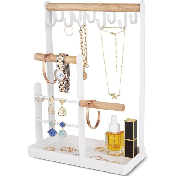 Jewelry Organizer Stand, 4-Tier Necklace Holder with Earring Tray & Hooks, White